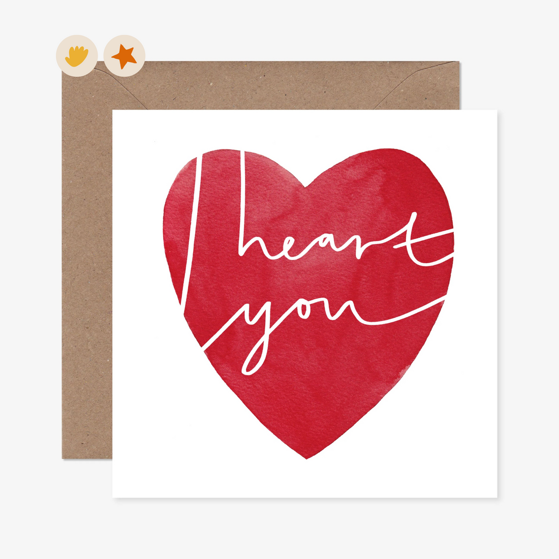 Card with a large red heart and &quot;I heart you&quot; text written in white inside the heart in a scrip font.