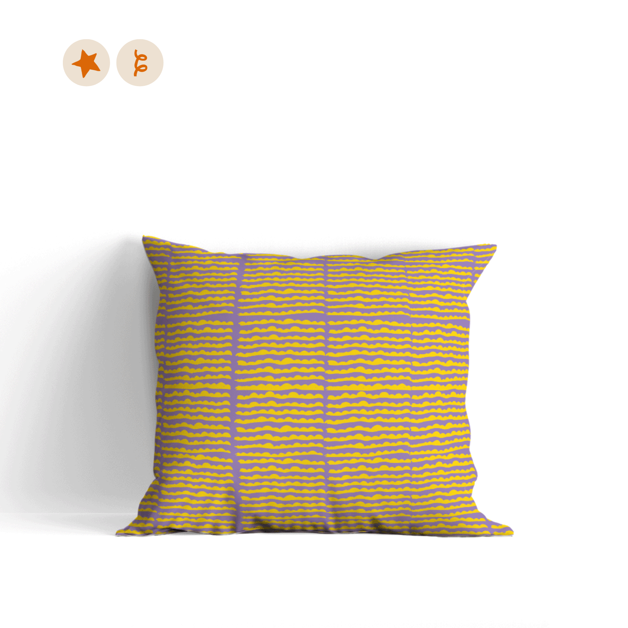 Purple cushion cover with yellow abstract wave shapes